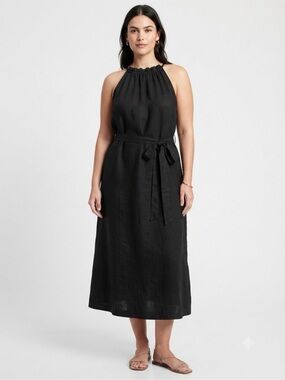 GAP Black Linen Halter Tie-Waist Midi Dress